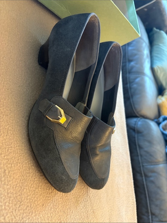 Cobbies: A Red Cross Shoe Shoes - Black Suede & Leather Low Heel Loafers with Gold Accent